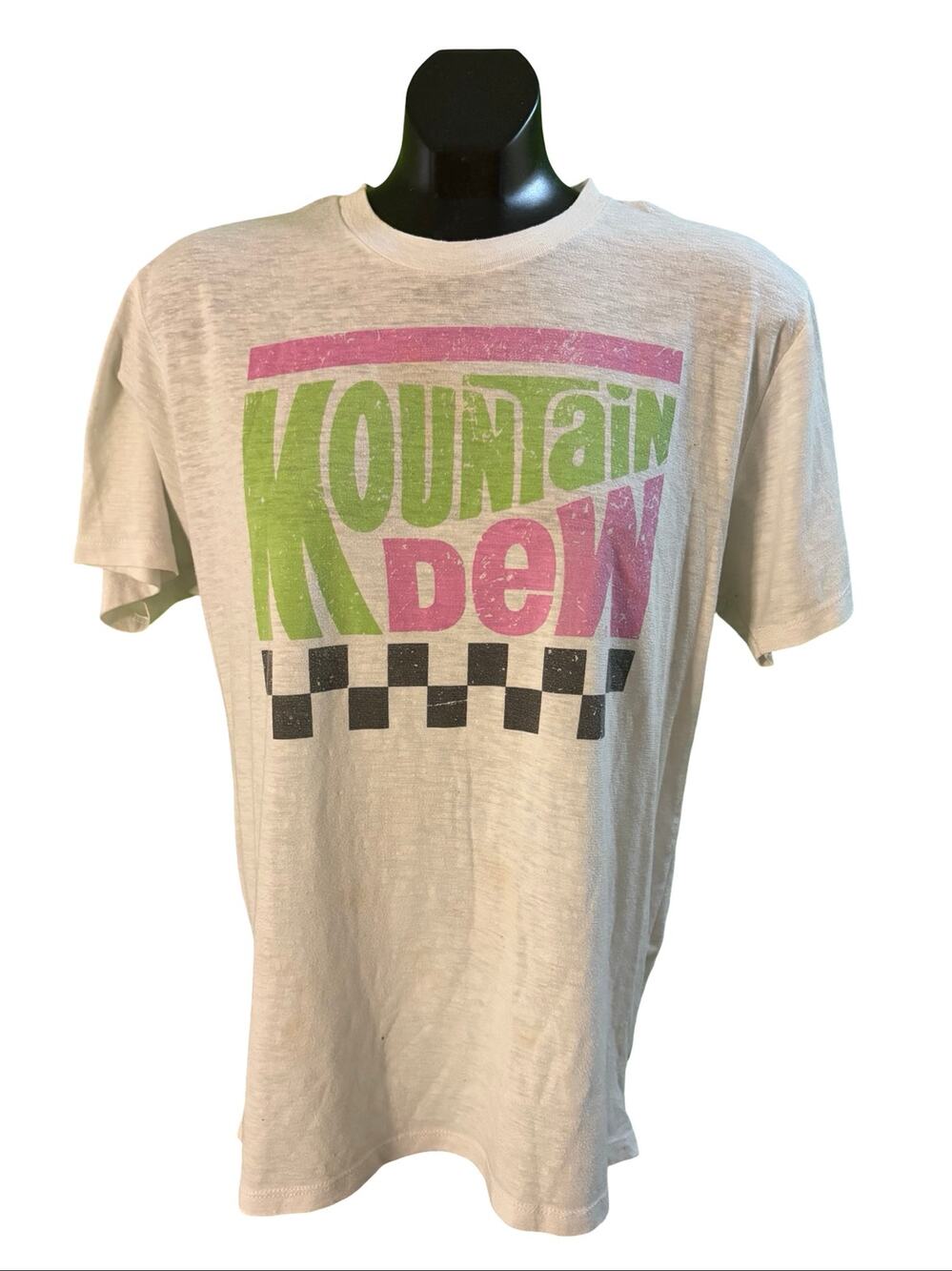 Mountain Dew Checkerboard Graphic T-Shirt Medium Heather Gray Vintage Style Logo